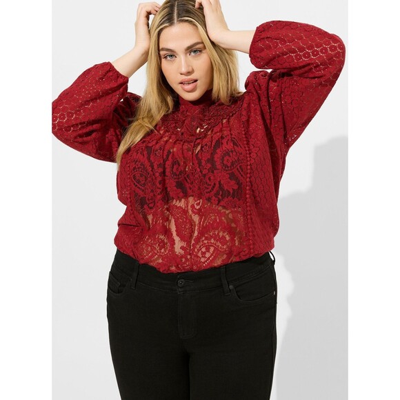 NWT Torrid 1X Rhubarb Red Mixed Lace High Neck Long Sleeve Top Blouse Size 14-16 - Picture 2 of 9